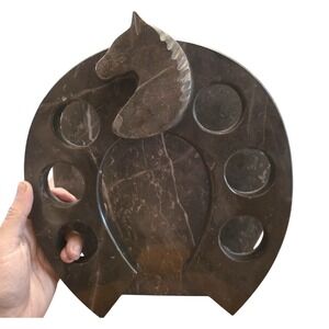 Unique Marble Horseshoe Horse Head Shot Glass Holder Display Tray Bar Decor
